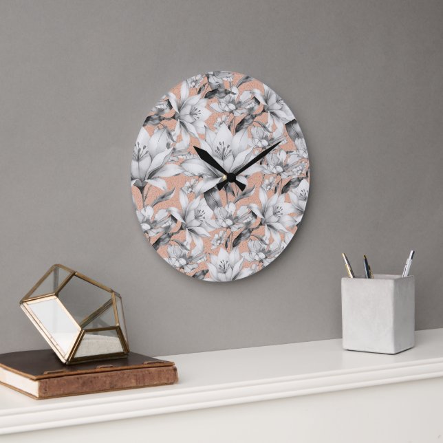 Botanic black white rose gold glitter flowers large clock (Office)