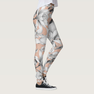 Botanic black white rose gold glitter flowers leggings