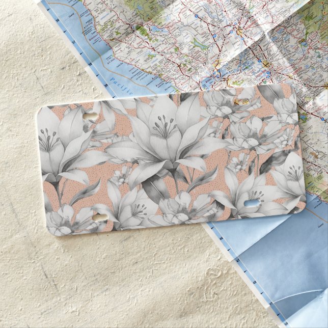 Botanic black white rose gold glitter flowers license plate (In Situ)