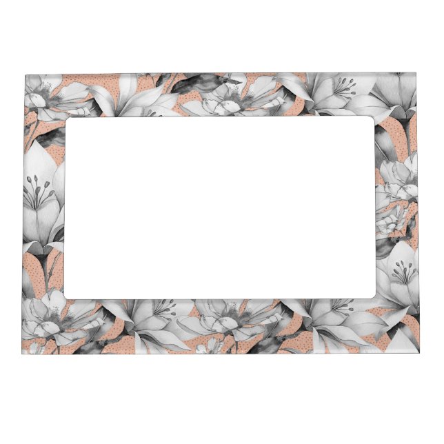 Botanic black white rose gold glitter flowers magnetic frame (Front)