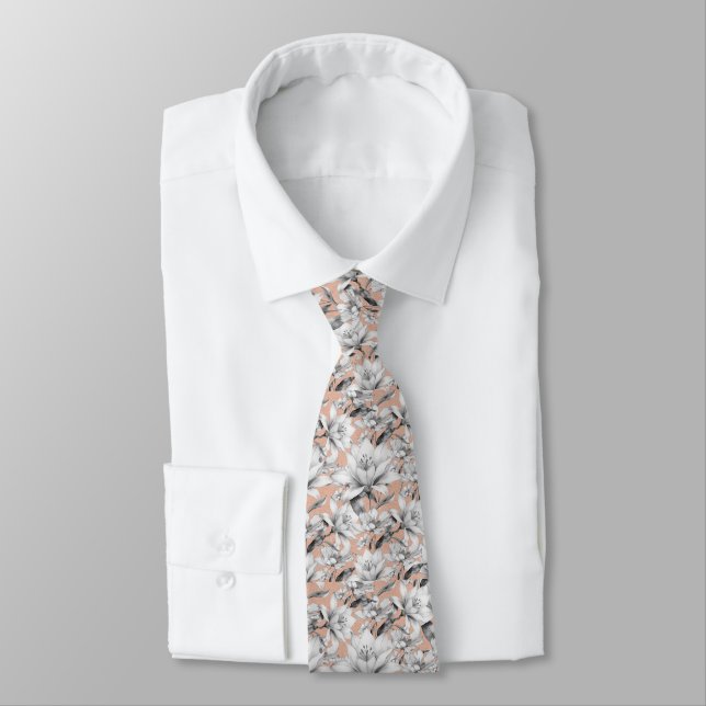 Botanic black white rose gold glitter flowers neck tie (Tied)