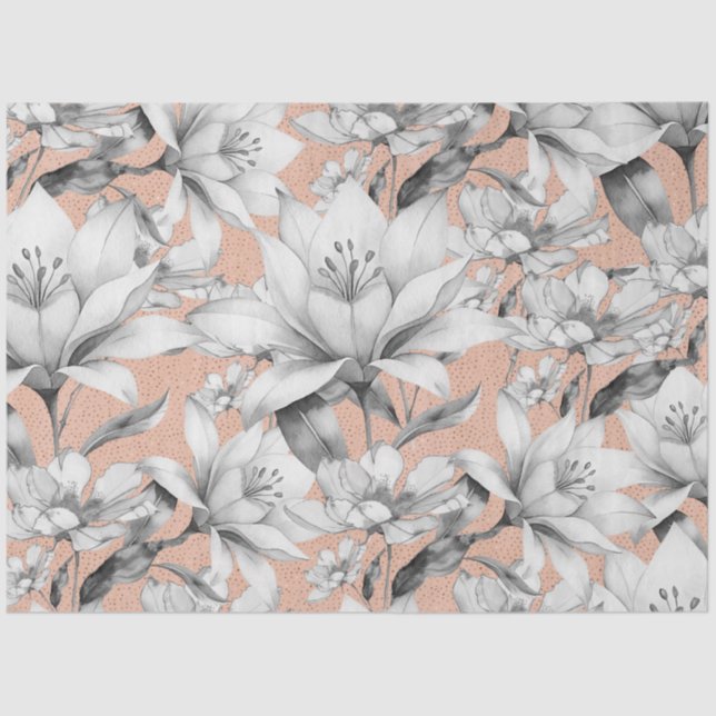 Botanic black white rose gold glitter flowers tissue paper (Front)