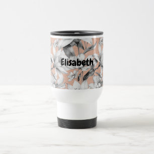 Botanic black white rose gold glitter flowers travel mug