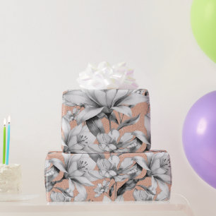 Botanic black white rose gold glitter flowers wrapping paper