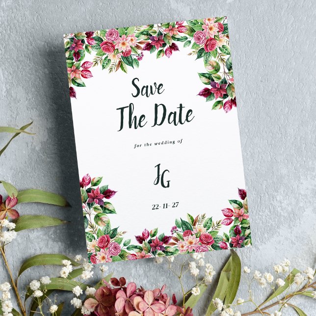 Botanic burgundy pink green floral Save The Date Invitation (Botanic burgundy pink green floral Save The Date)