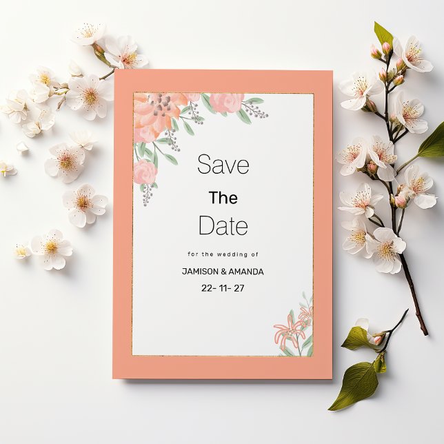 Botanic coral mint gold spring flora Save The Date Invitation (Botanic coral mint gold spring flora Save The Date)