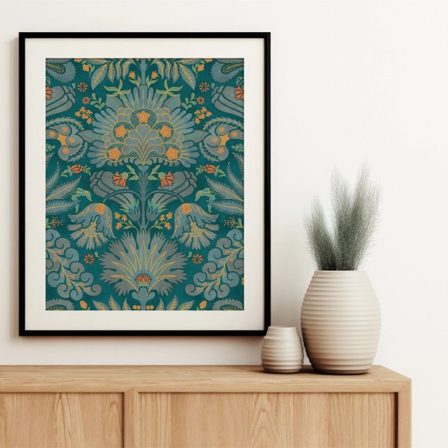 Botanic Damask Teal Blue Orange Framed Art (Creator Uploaded)