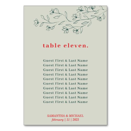 Botanic Floral Green Red Boho guest names seating Table Number