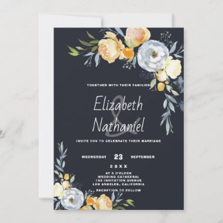 Botanic floral orange gray white country wedding invitation