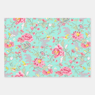 Botanic Japanese Flower Pattern Turquoise Wrapping Paper Sheets