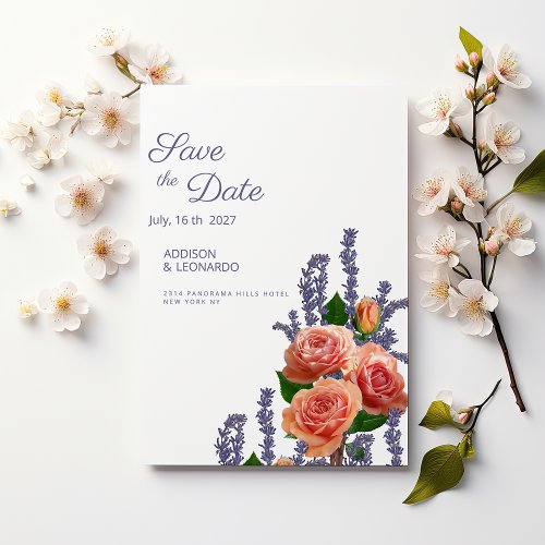 Botanic lavender peach rose flowers Save the Date  Invitation