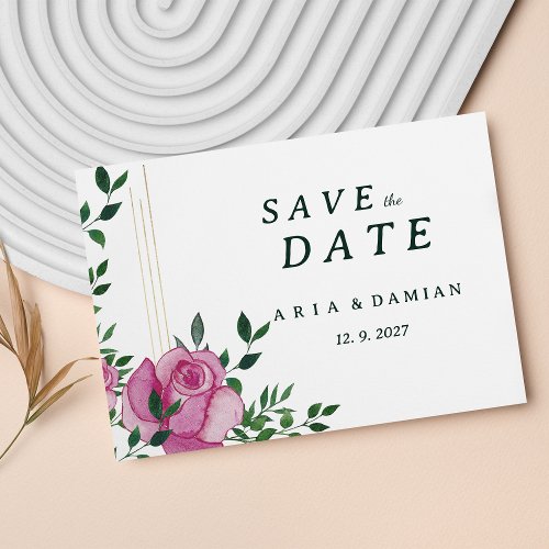 Botanic lilac green gold rose floral Save the Date Invitation