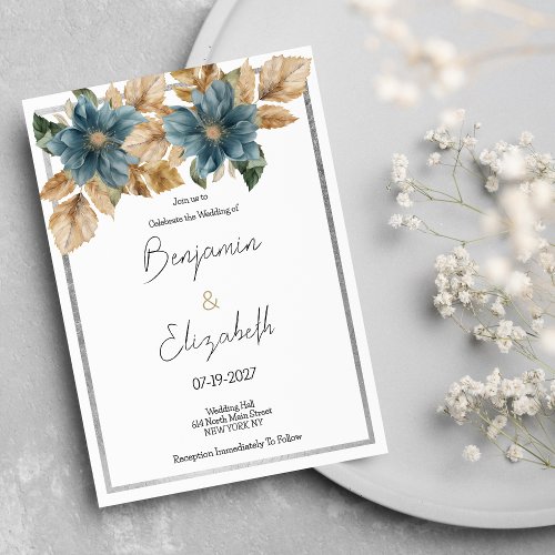 Botanic mauve blue brown silver floral Wedding Invitation