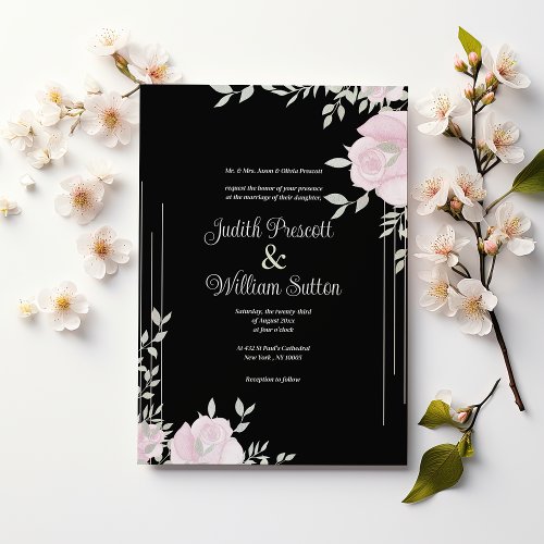 Botanic mint pink black romantic floral wedding invitation