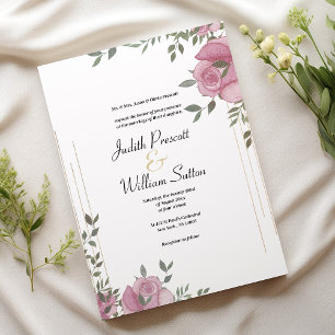 Botanic mint pink white romantic floral wedding invitation