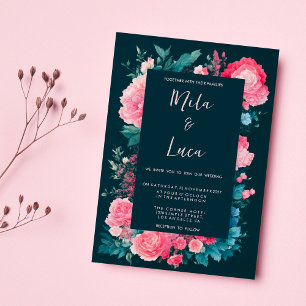 Botanic nordic blue green pink floral Wedding Invitation