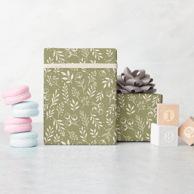 Botanic Pattern Olive Green - Wrapping Paper Roll (Baby Shower)