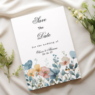 Botanic pink blue wildflowers Save The Date Invitation