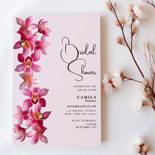 Botanic pink burgundy orchids flower Bridal Shower Invitation