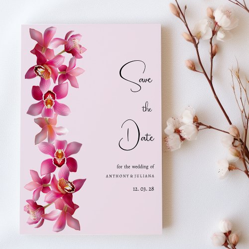 Botanic pink burgundy orchids flower Save the Date Invitation