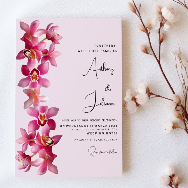 Botanic pink burgundy orchids flowers Wedding Invitation (Botanic pink burgundy orchids flowers Wedding)