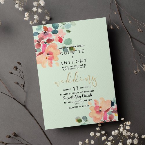 Botanic pink mint green teal gold floral Wedding Invitation