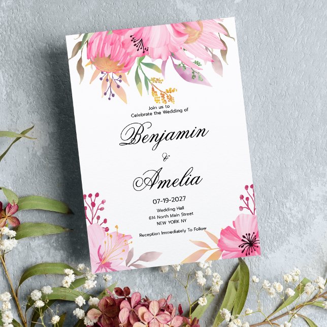 Botanic pink orange watercolor flowers Wedding Invitation (Botanic pink orange watercolor flowers Wedding)