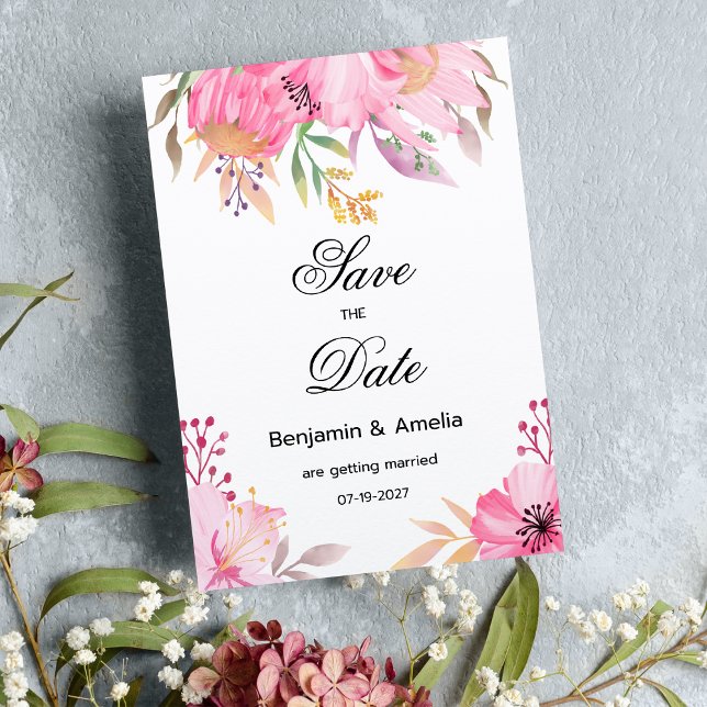 Botanic pink watercolor flowers Save the Date  Invitation (Botanic pink watercolor flowers Save the Date)