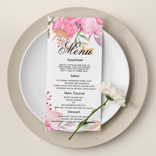Botanic pink watercolor flowers Wedding Menu (Botanic pink watercolor flowers Wedding Menu)