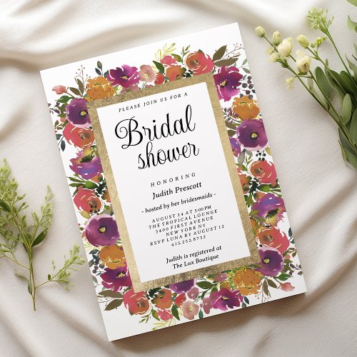 Botanic purple orange pink floral Bridal Shower  Invitation