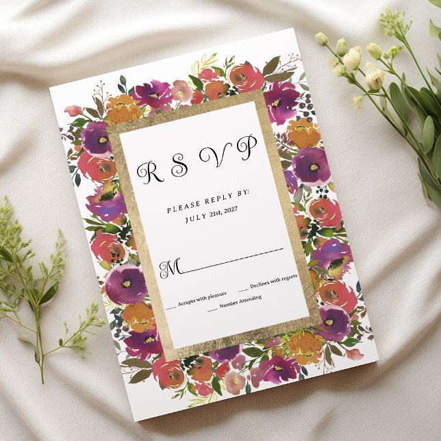 Botanic purple orange pink gold floral RSVP  Invitation (Botanic purple orange pink gold floral RSVP)