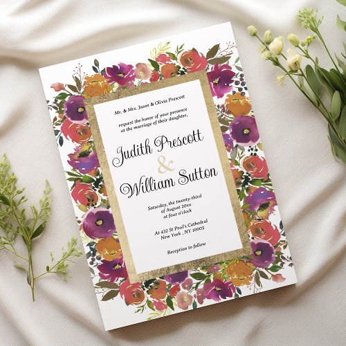 Botanic purple orange pink gold floral wedding invitation