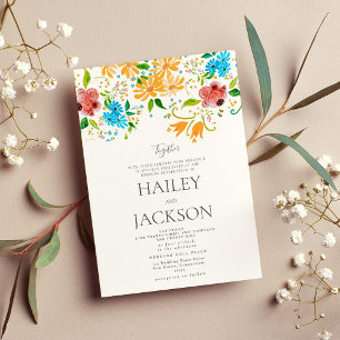 Botanic sun orange pink blue mint floral wedding Invitation