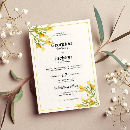 Botanic yellow orange green spring floral wedding invitation