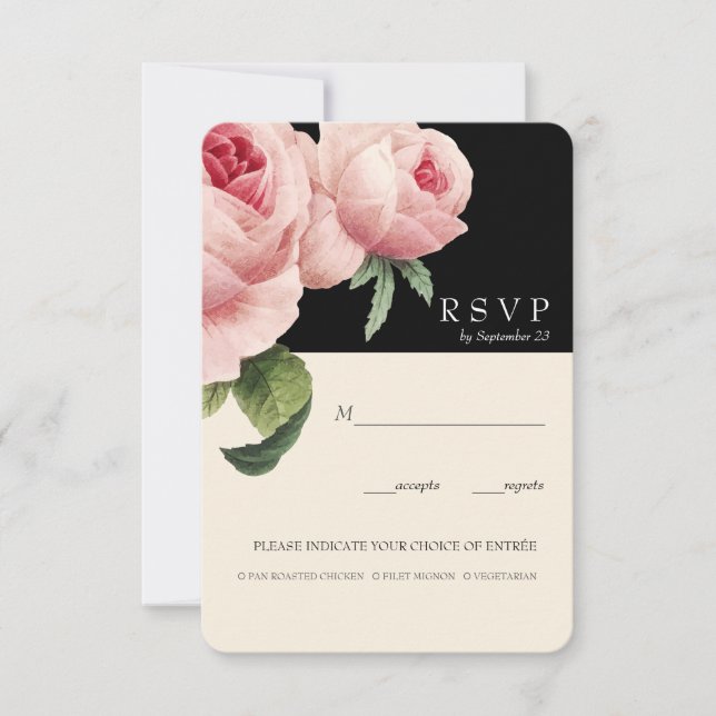 Botanica | Black Vintage  Wedding RSVP meal option Invitation (Front)