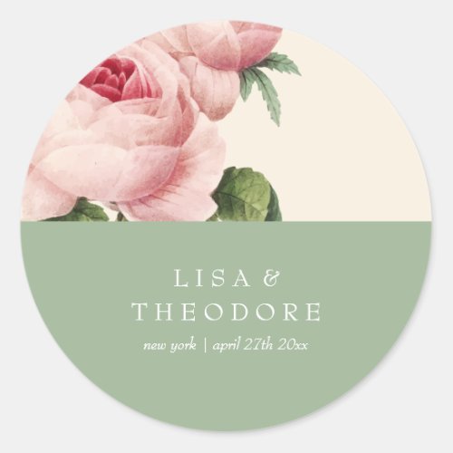 Botanica  Pink and Sage Vintage Flower Wedding Classic Round Sticker