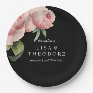 Botanica Pink Black vintage flower Wedding Paper Plates