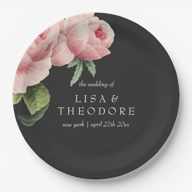 Botanica | Pink Grey vintage flower Wedding Paper Plates (Front)