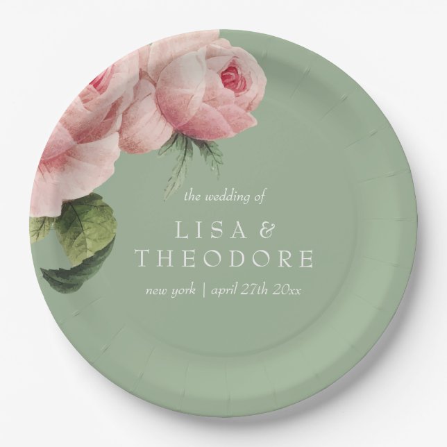 Botanica | Pink sage vintage flower Wedding Paper Plates (Front)