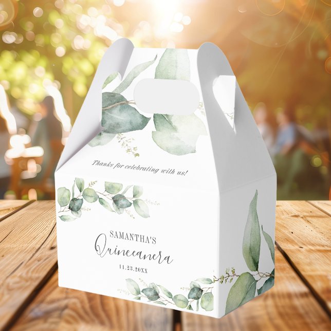 Botanical 15th Birthday Eucalyptus Quinceanera Favor Boxes (Eucalyptus Minimalist Watercolor Quinceanera Favor Box)