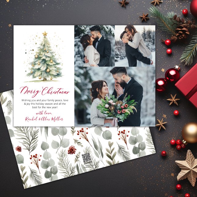 Botanical 3 Multi Photo Christmas Tree  Holiday Card (Creator Uploaded)