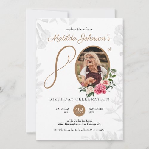 Botanical 80th Birthday White Gold Custom Photo