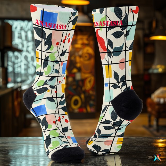 Botanical Abstract with Colorful Geometric Accents Socks (Creator Uploaded)