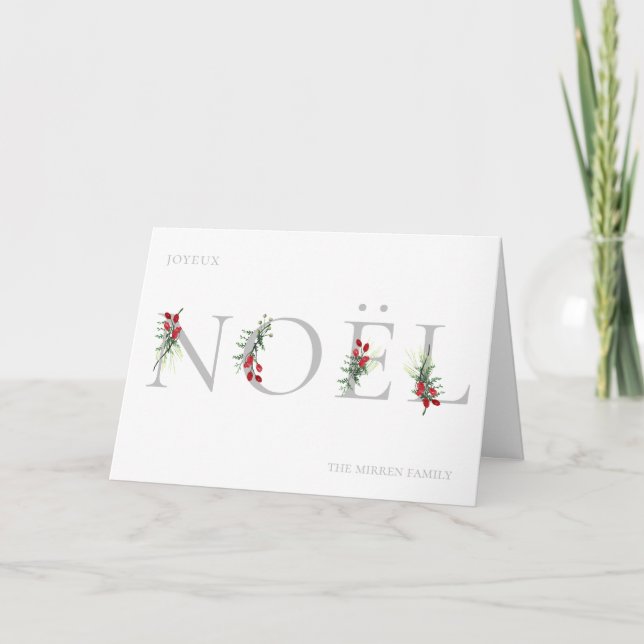 Botanical Adorned NOEL Folded Photo Holiday Card (Front)
