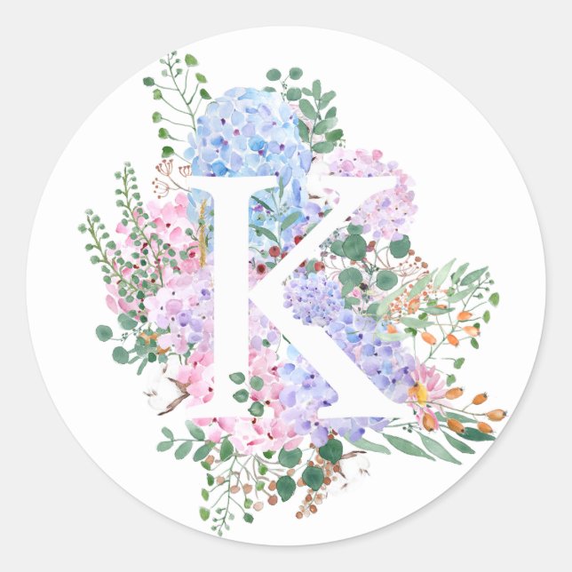Botanical alphabet K hydrangea flowers  Classic Round Sticker (Front)
