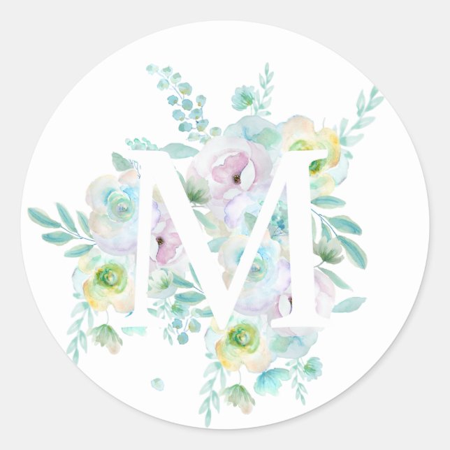 Botanical alphabet M green and purple flowers  Classic Round Sticker (Front)