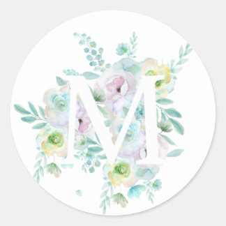 Botanical alphabet M green and purple flowers  Classic Round Sticker