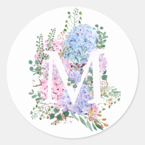 Botanical alphabet M hydrangea flowers  Classic Round Sticker