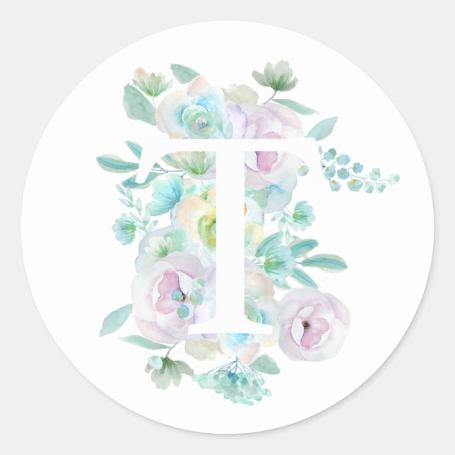 Botanical alphabet T green and purple flowers  Classic Round Sticker (Front)