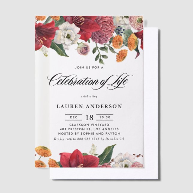 Botanical Amaryllis and Mums Celebration of Life Vellum Invitations (Offset)